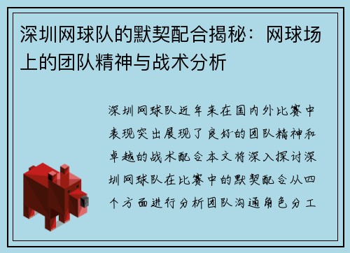 深圳网球队的默契配合揭秘：网球场上的团队精神与战术分析